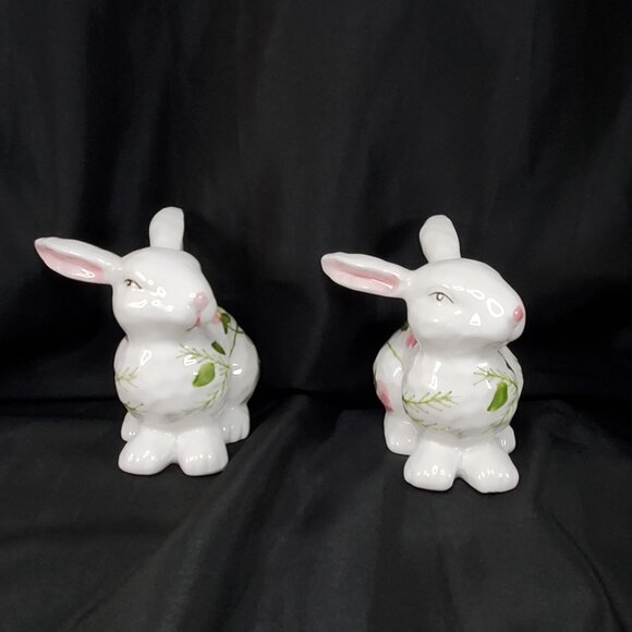 Ceramic Bunny Rabbit Figurines Spring Floral Design Decor Set Of 2 - Picture 9 of 10